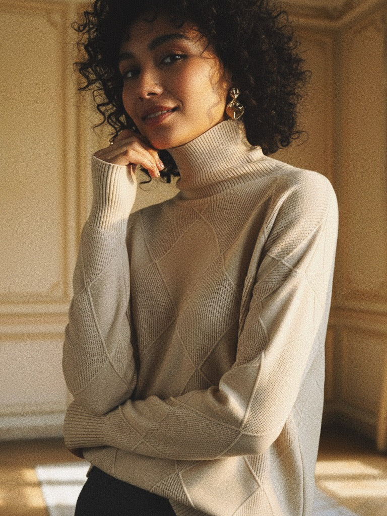 Pull Col Roulé "Losange Chic" - Maille Texturée