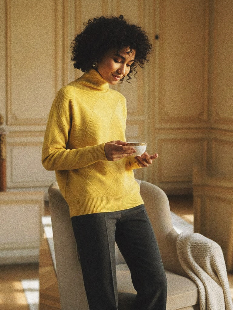 Pull Col Roulé "Losange Chic" - Maille Texturée